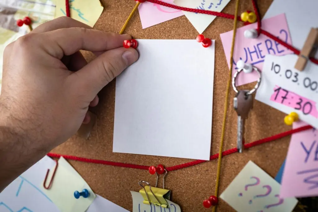 A person holding a piece of paper on a cork board. A person holding a piece of paper on a cork board.
