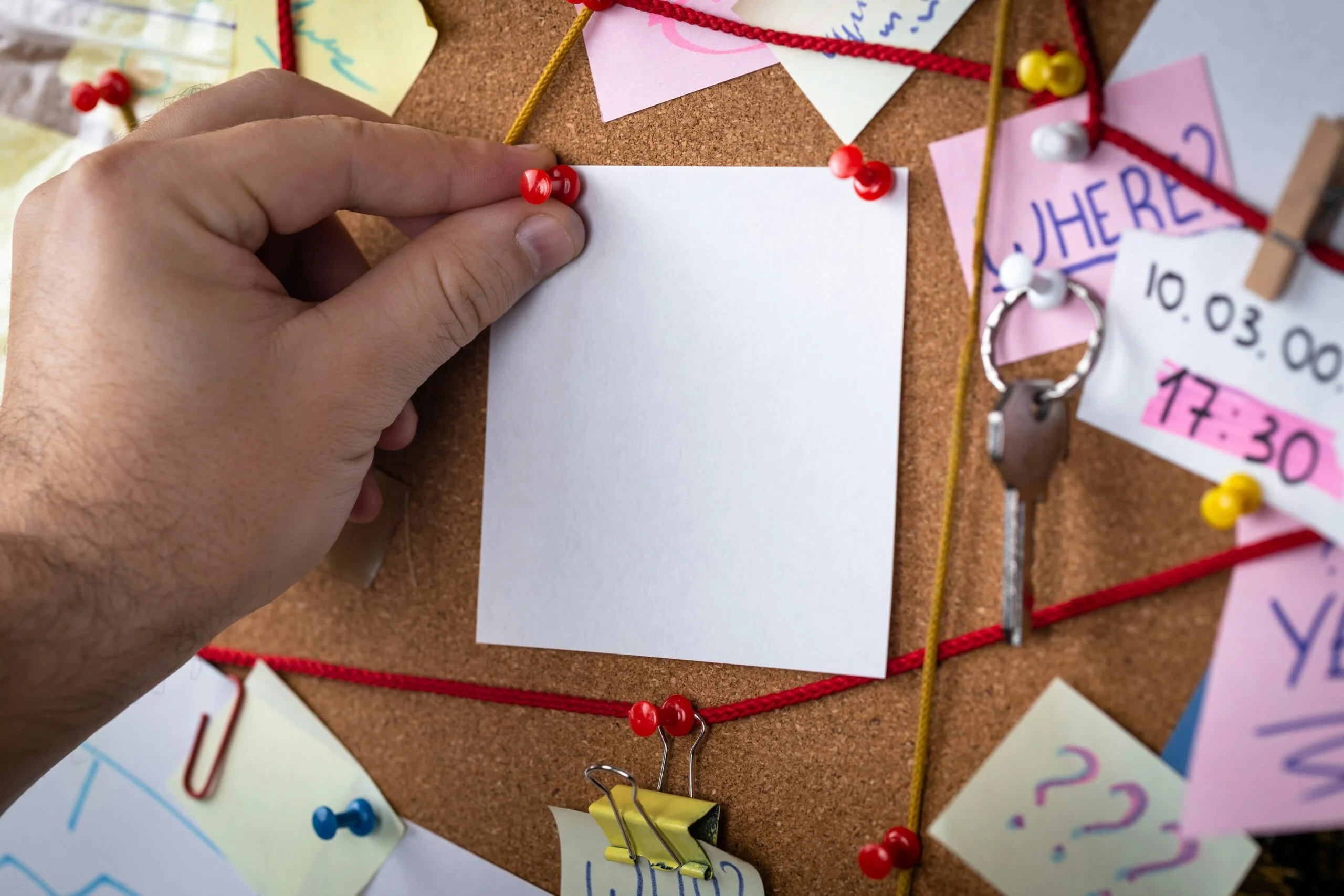 A person holding a piece of paper on a cork board.